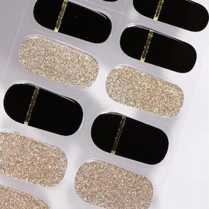 Schwarz Gold Glitter Halbgehärtete Gel Nail Wraps / Nagelstreifen / Nagelaufkleber