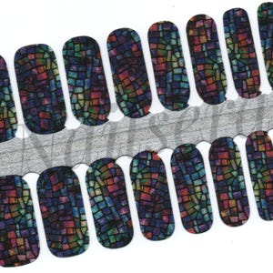 May include: A set of 10 nail wraps featuring a stained glass design with a dark blue background and colorful mosaic patterns.