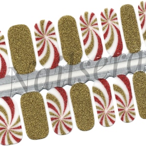 May include: Nail art stickers with a festive design. The stickers feature gold glitter, red and white swirl patterns, and solid gold glitter sections. The stickers are arranged on a silver backing.