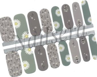 Grey Daisy Nail Wraps – Floral Nail Stickers, Easy Application