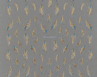 Feather Light Blue Nail Art Stickers Decals Summer Spring Self Adhesive DIY Nails