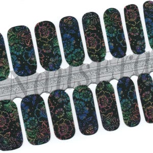 Holo Black Flower Nail Wraps: Easy Application Nail Polish Strips