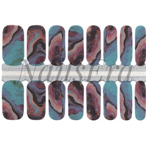 May include: Set of 10 nail wraps with a marbled design in shades of blue, purple, pink, and black. The wraps are designed to fit on fingernails.