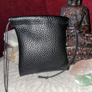 Black Faux Leather Crystal Pouch w Drawstring