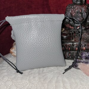 Gray Faux Leather Crystal Pouch with Drawstring