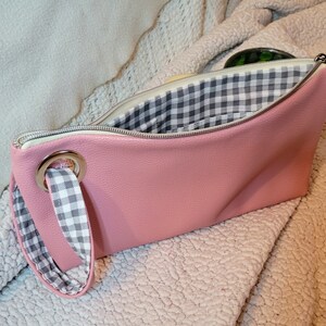 Pink Faux Leather with Gray & White Checkered Print Wristlet Clutch