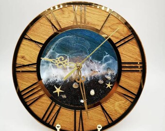 Wall clock, epoxy clock, oak wood clock