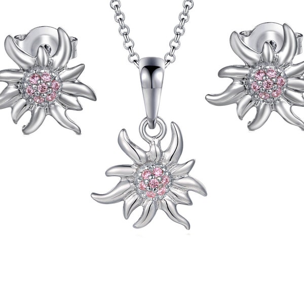 Ensemble pendentif et boucles d'oreilles Edelweiss en argent 925 avec zircons