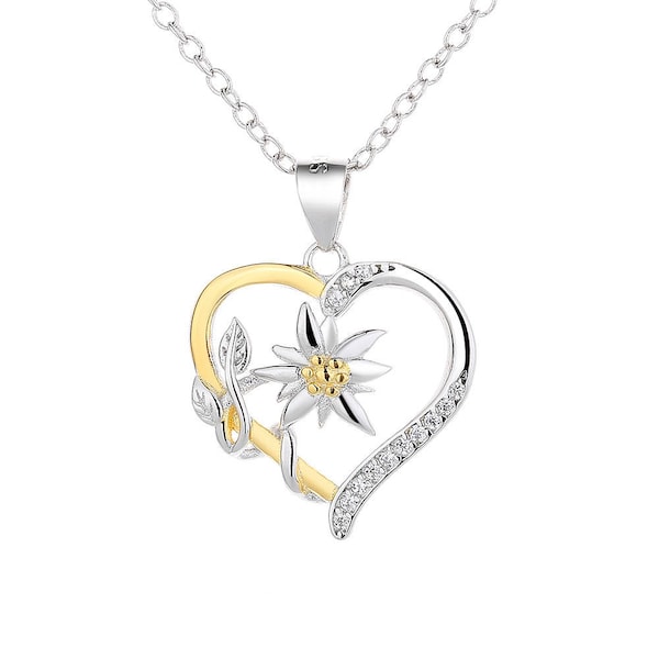 Bicolor Heart pendant with small edelweiss in 925 silver