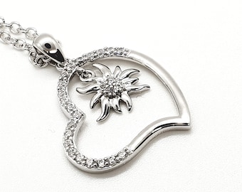 Heart pendant with small edelweiss in 925 silver