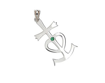 Pendentif en argent 925 brillant en forme de Croix de Camargue GM avec un zircon vert