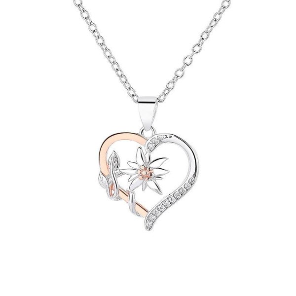 Two-tone heart pendant with small edelweiss in 925 silver (rosé)