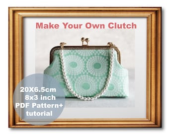 DIY bag tutorial with digital PDF pattern explaining how to make your own kiss lock bag sized 20X6.5cm / 8X3 inch frame