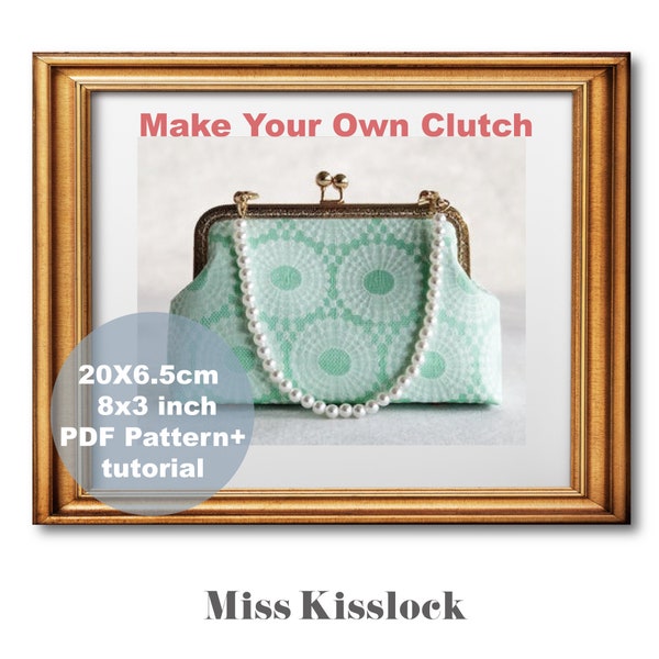 DIY bag tutorial with digital PDF pattern explaining how to make your own kiss lock bag sized 20X6.5cm / 8X3 inch frame