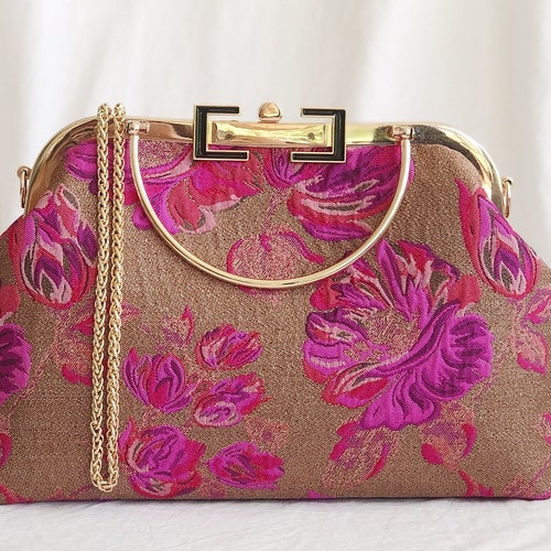 Fuchsia /hot pink peony with gold color, trendy handbag for shops the everyday looks Kiss lock Bag,kimono Japanese style bag