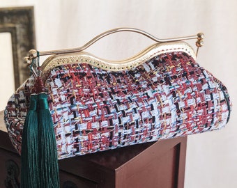 Vintage style Rainbow weaving kiss lock handbag with barrel shape tweed and tassel the unique  gift for her