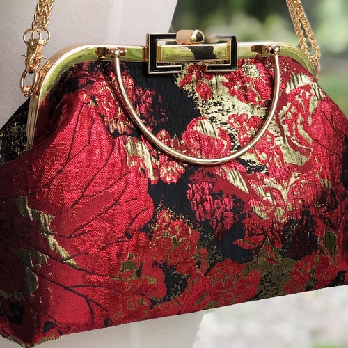 Vintage style cheongsam kiss lock shops handbag with Red and gold Lotus pattern A great one of the kind gift for her!