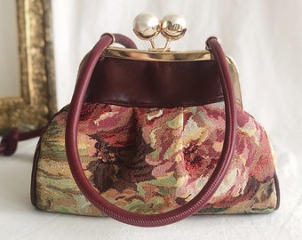 Vintage cheongsam style kiss lock handbag with Carpet jacquard texture patchwork Pu microfiber leather the unique one of a kind  gift