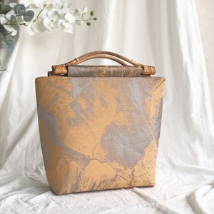Gingko/Rattan handle,tote bag,shopping bag,Commuter bag, ginkgo, jacquard cloth, handmade, Japanese style image 2