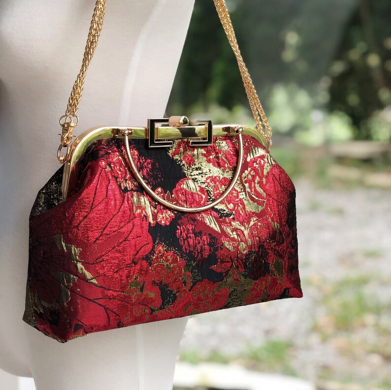 Vintage style cheongsam kiss lock shops handbag with Red and gold Lotus pattern A great one of the kind gift for her!