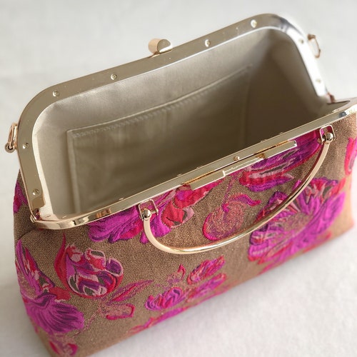 Fuchsia /hot pink peony with gold color, trendy handbag for shops the everyday looks Kiss lock Bag,kimono Japanese style bag
