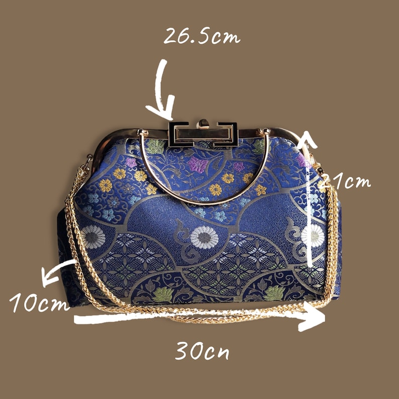Vintage cheongsam style kiss lock hand bag with navy blue nishijin Japanese traditional patterns style with gold frame, clasp and chain. image 10