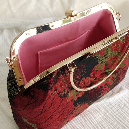 Vintage style cheongsam kiss lock shops handbag with Red and gold Lotus pattern A great one of the kind gift for her!