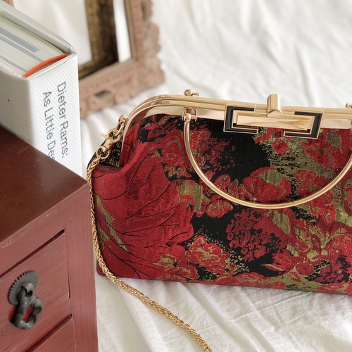 Vintage style cheongsam kiss lock shops handbag with Red and gold Lotus pattern A great one of the kind gift for her!