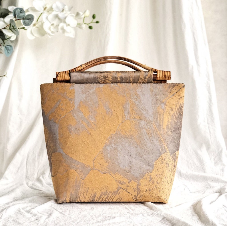 Gingko/Rattan handle,tote bag,shopping bag,Commuter bag, ginkgo, jacquard cloth, handmade, Japanese style image 1