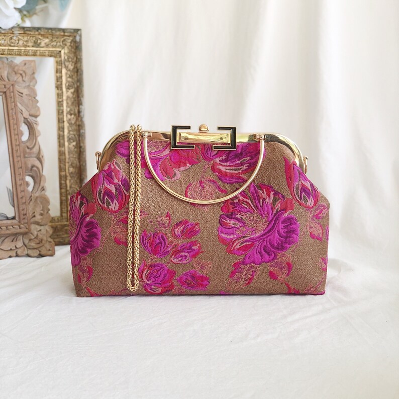 Fuchsia /hot pink peony with gold color, trendy handbag for shops the everyday looks Kiss lock Bag,kimono Japanese style bag
