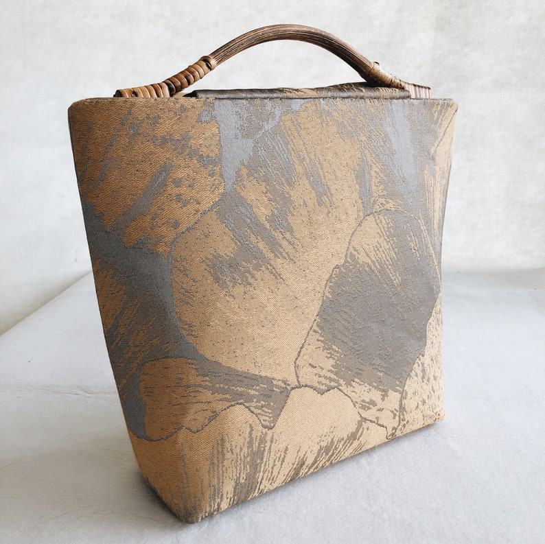 Gingko/Rattan handle,tote bag,shopping bag,Commuter bag, ginkgo, jacquard cloth, handmade, Japanese style image 3