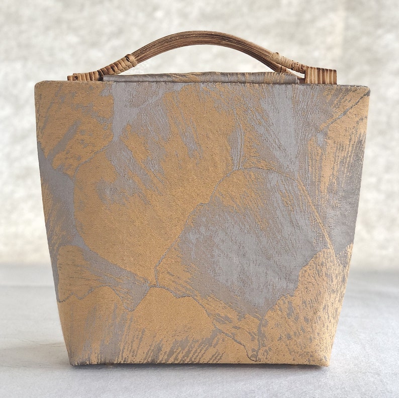 Gingko/Rattan handle,tote bag,shopping bag,Commuter bag, ginkgo, jacquard cloth, handmade, Japanese style image 6