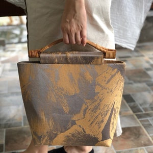 Gingko/Rattan handle,tote bag,shopping bag,Commuter bag, ginkgo, jacquard cloth, handmade, Japanese style image 8