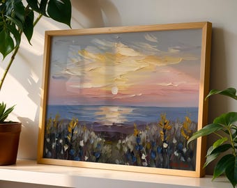Spring Fall Sunset Print,  Spring Landscape Watercolor Painting, Muted Scenery Decor Digital, Soft Earthy Country Printable Wall Art