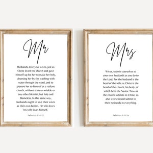 Set of 2 prints Scripture Wall Art, Ephesians 5: 22-28, Mr and Mrs Printable Marriage Bible Verse, Christian Wedding Gift, Wives Husbands