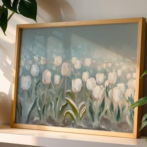 Vintage Tulpen Blumendruck für Sommer, weiße Blumenfrühlingskunstwerk, botanischer Garten-Bauernhausdekor französischer Landhausstil druckbare Wandkunst