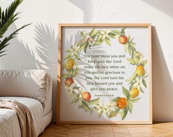 Numbers 6 24 26 Bible Verse Print | Square Lemon Frame Scripture Art | The Lord Bless You | Christian Kitchen Decor | Digital Download