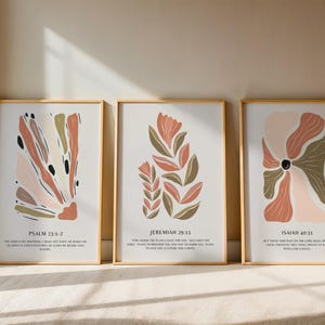 Set van 3 tulp bijbelvers prints – Jeremia 29 11 Jesaja 40 31 Psalm 23 – retro bloemsierkunst – terracotta salie schrift decor