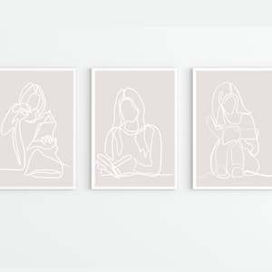 Set of 3 Bookish One Line Art, Woman Reading Book, Aesthetic Room Decor, Book Lover Art,Above Bed Decor Instant Download, Digital item