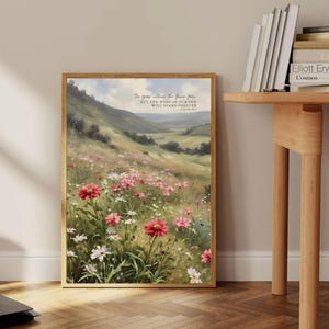 Wilde bloemen bijbelvers kunst aan de muur, het gras verdort de bloemen vervagen print, Jesaja 40:8 schrift, christelijke bloemen digitale download