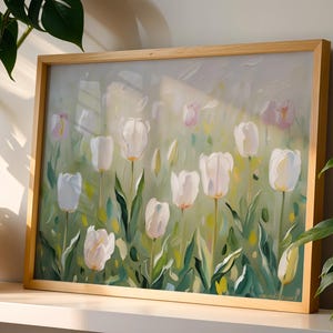 Vintage Tulip Flower Print for Summer, White Floral Spring Artwork, Botanical Garden Farmhouse Decor French Country Style Printable Wall Art