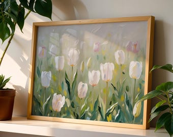 Vintage Tulip Flower Print for Summer, White Floral Spring Artwork, Botanical Garden Farmhouse Decor French Country Style Printable Wall Art