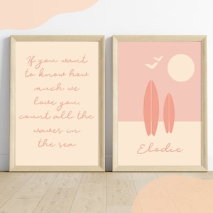 Set of Two Girls Beach Prints | Surfboards Beach | Ocean Quote | Girls Nursery Prints | Surfing Ocean Decor | Personalised Name