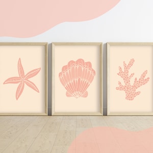 Set of Three Shell Prints, Shell, Starfish, Coral, Boho Beach Ocean Theme Wall Decor, Beach House, Holiday Home, Coastal Seaside Wall Art