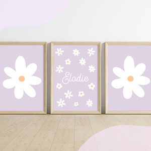 Set of 3 Daisy Wildflower Wall Prints personalised name, girl's lavender nursery decor, pastel lilac flower wall art girl bedroom