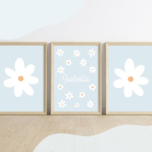 Set of 3 daisy wildflower wall prints personalised, girls nursery blue wall decor, pastel flower wall art girls bedroom