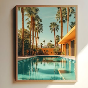 Palm Springs Poolside Print,  Retro California Oasis, Mid-Century Modern Palm Trees, Vintage Desert Pool Scene, California wall art