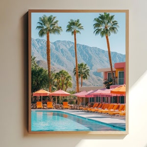 Palm Springs Poolside Art Print, Retro Mid-Century Vibe, Colorful Desert Landscape, California Poolside Decor, Tropical Wall Art