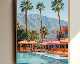 Palm Springs zwembad kunstprint, retro mid-century sfeer, kleurrijk woestijnlandschap, zwembaddecoratie in Californië, tropische wandkunst