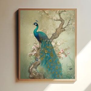 Påfågeltryck | Chinoiserie-väggkonst | Vintage botanisk fågelposter | Salviagrön påfågelkonst | Konst, matt eller halvblank flera storlekar